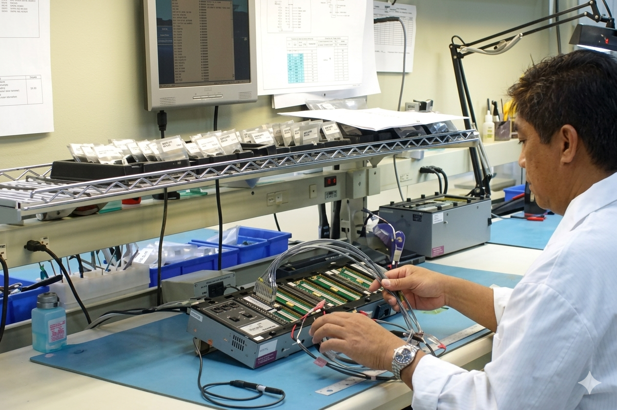 Worker assembling cables at workstation